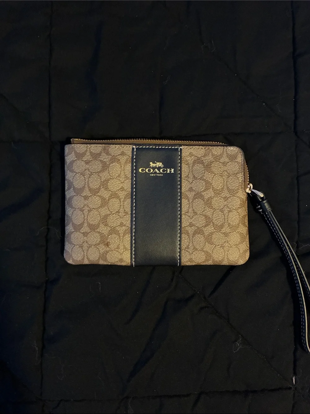 Coach Brown Signature Wristlet with Black Center Stripe